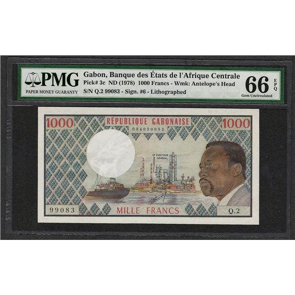 1978 Banque des Etats Gabon 1000 Francs Note Pick# 3c PMG Gem Uncirculated 66EPQ