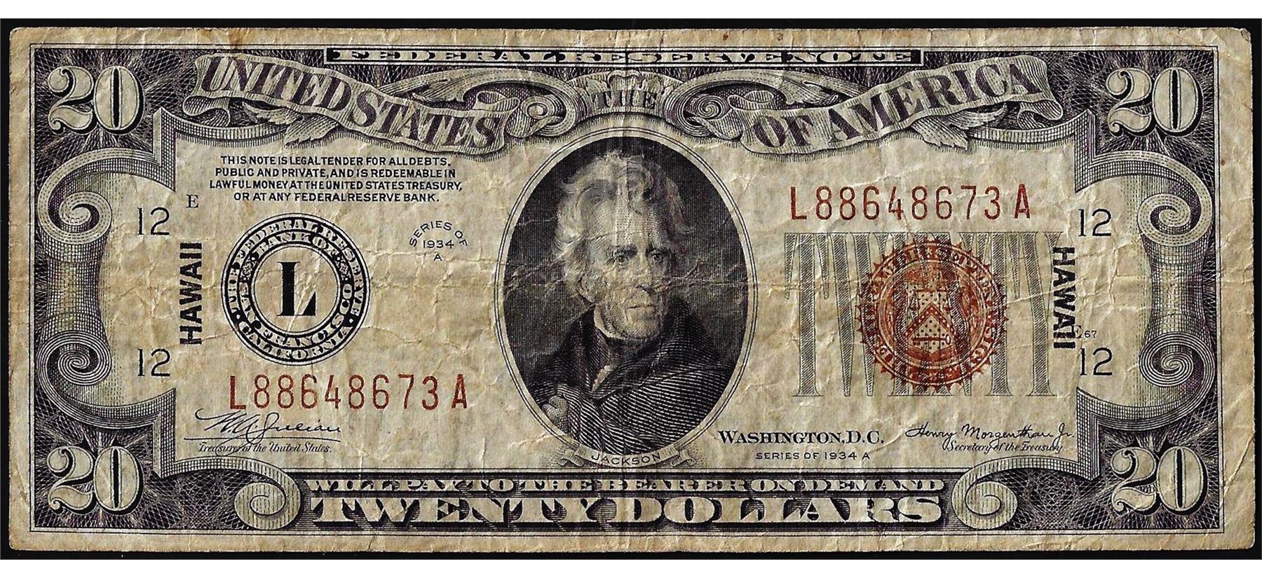 1934A $20 Hawaii WWII Emergency Issue Federal Reserve Note
