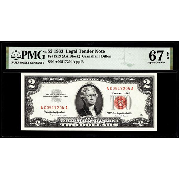 1963 $2 Legal Tender Note Fr.1513 PMG Superb Gem Uncirculated 67EPQ