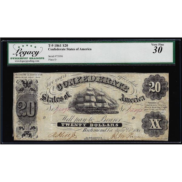 1861 $20 Confederate States of America Note T-9 Legacy Very Fine 30