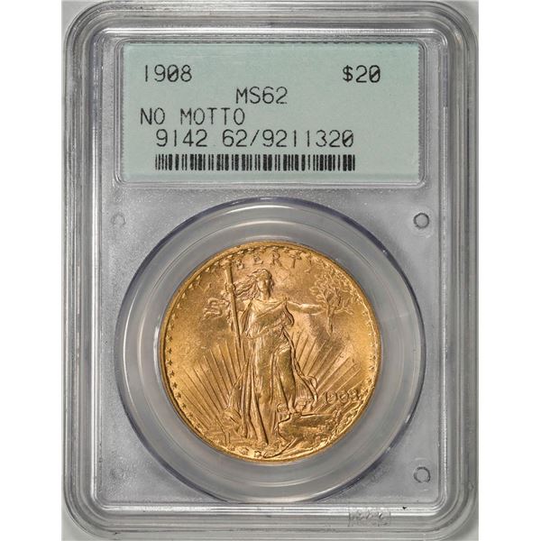 1908 No Motto $20 St. Gaudens Double Eagle Gold Coin PCGS MS62 Old Green Holder