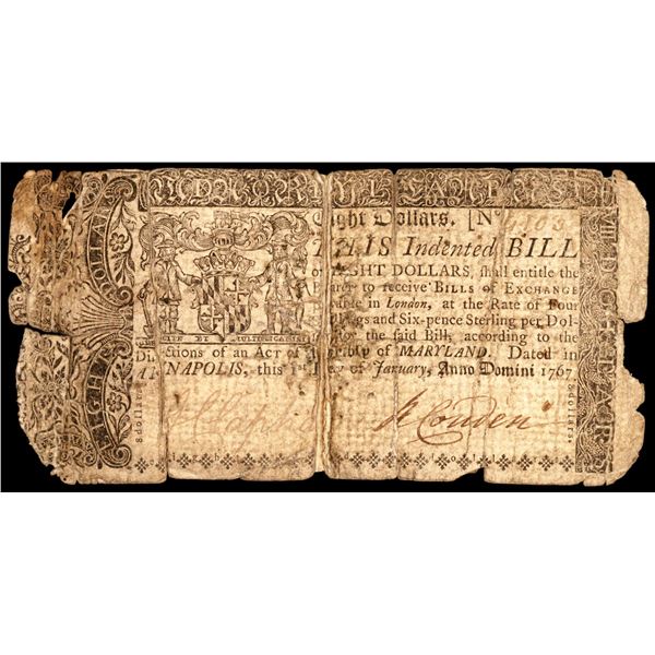 January 1, 1767 Maryland $8 Colonial Currency Note