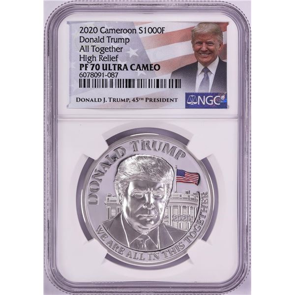 2020 Cameroon 1000 Francs High Relief Donald Trump Silver Coin NGC PF70 Ultra Cameo