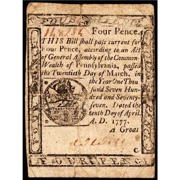 April 10, 1777 Pennsylvania Four Pence Colonial Currency Note