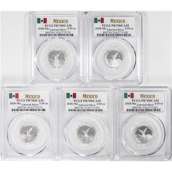 Lot of (5) 2018-Mo Mexico Proof 1/10 oz Silver Libertad Coins PCGS PR70DCAM