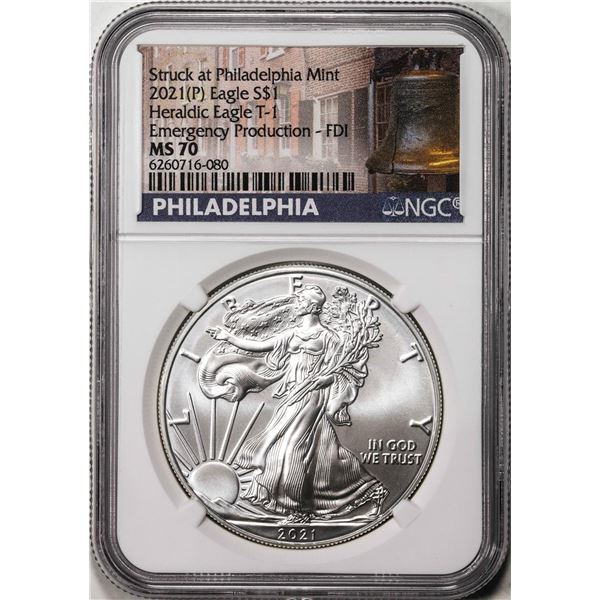 2021(P) Type 1 $1 American Silver Eagle Coin NGC MS70 First Day Issue Philadelphia