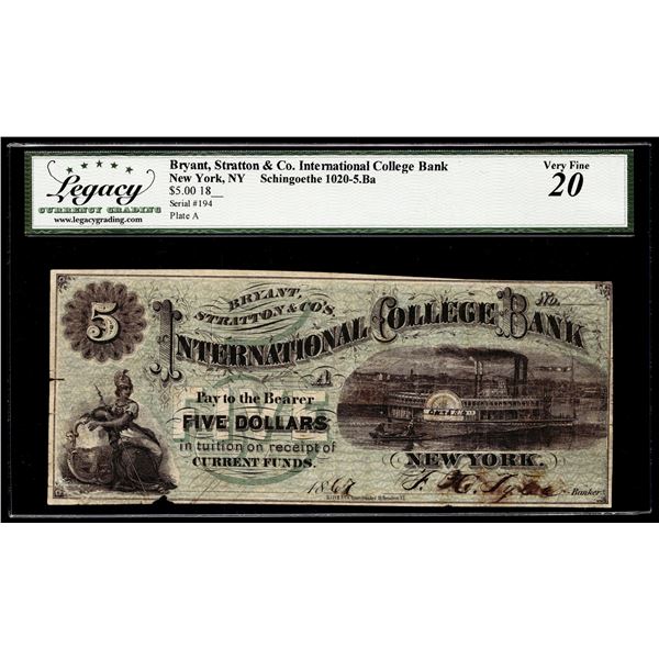 1867 $5 Bryant Statton & Co Int'l College Bank Note New York, NY Legacy Very Fine 20