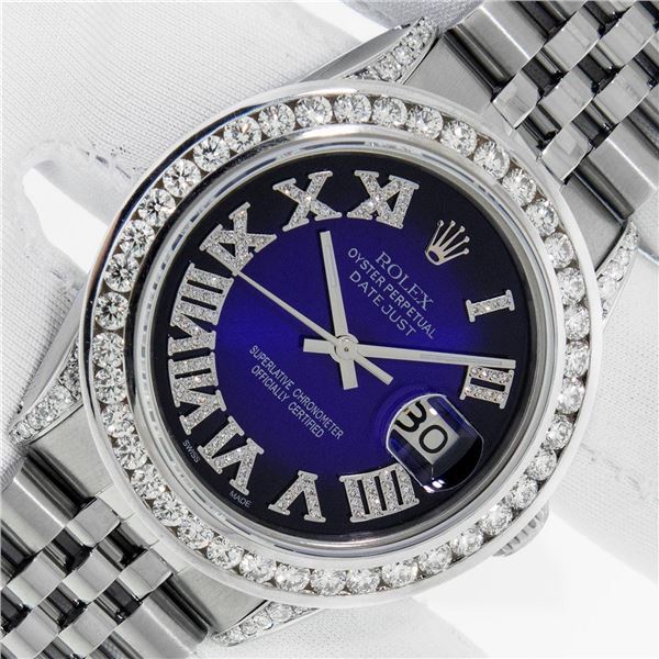 Rolex Men's Stainless Steel Blue Vignette Roman 3 ctw Diamond Datejust Wristwatch