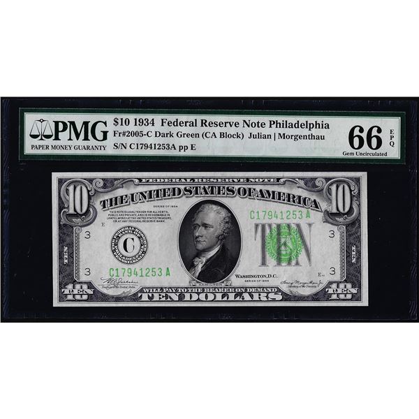 1934 $10 Federal Reserve Note Philadelphia Fr.2005-C PMG Gem Uncirculated 66EPQ