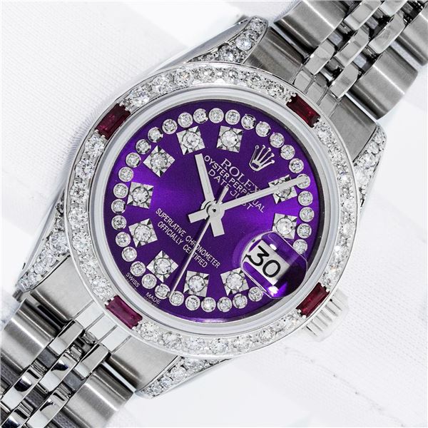 Rolex Ladies Stainless Steel Purple String Diamond & Ruby Datejust Wristwatch