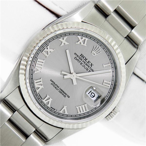 Rolex Men's Stainless Steel Slate Grey Roman Datejust Watch With Box And Booklets