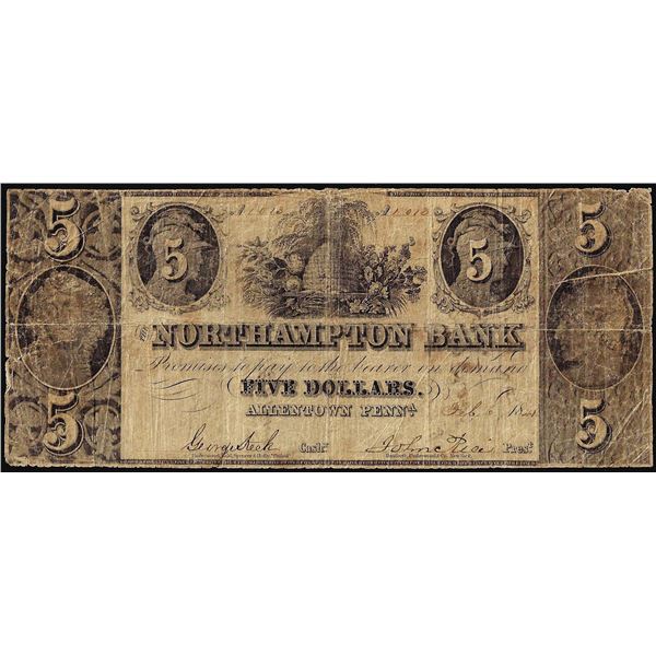 1841 $5 The Northampton Bank Allentown, PA Obsolete Note