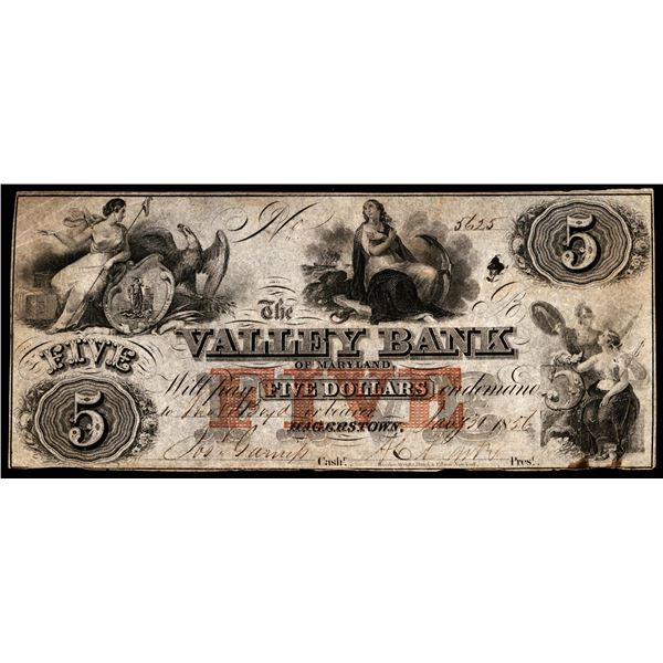 1856 $5 The Valley Bank Hagerstown, MD Obsolete Note