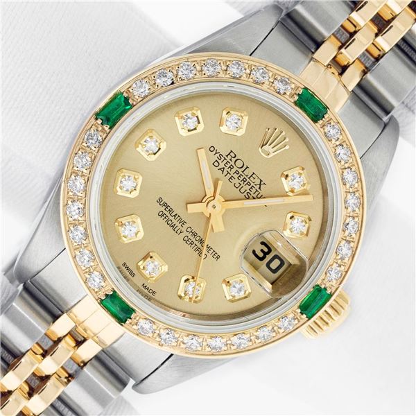 Rolex Ladies Two Tone Quickset Champagne Diamond & Emerald Datejust Wristwatch