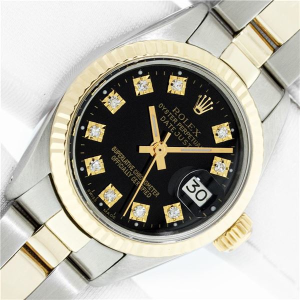 Rolex Ladies Two Tone Black Diamond Oyster Perpetual Datejust Wristwatch