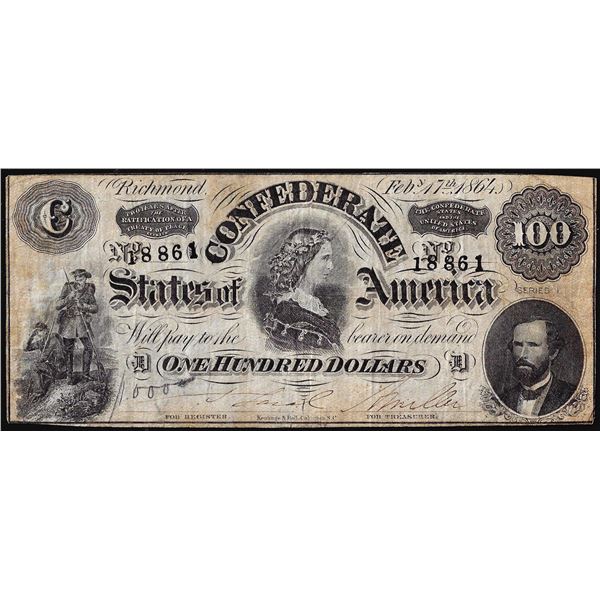 1864 $100 Confederate States of America Note