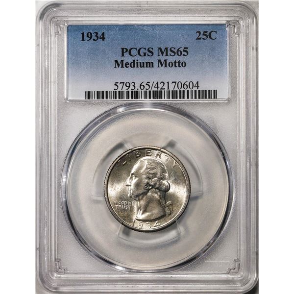 1934 Medium Motto Washington Quarter Silver Coin PCGS MS65