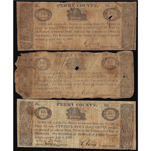 Lot of (3) 1837 12 1/2 Cents Perry County Pennsylvania Obsolete Scrip Notes