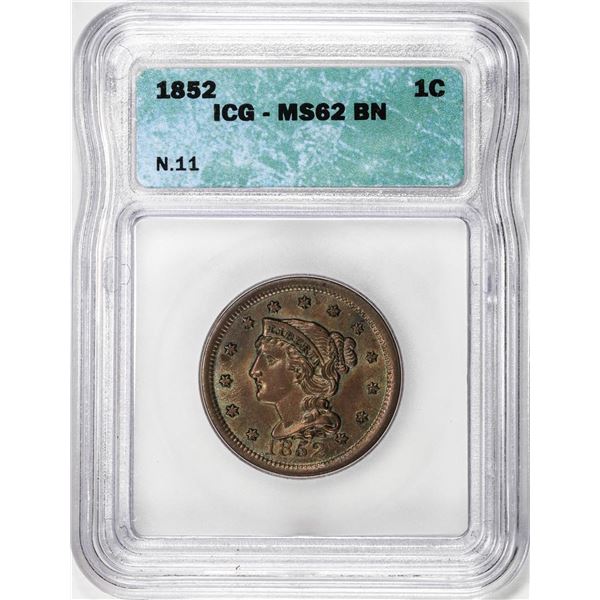 1851 N-11 Coronet Large Cent Coin ICG MS62BN