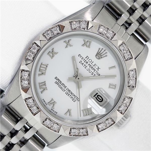 Rolex Ladies Stainless White Roman Pyramid Diamond Datejust Wristwatch