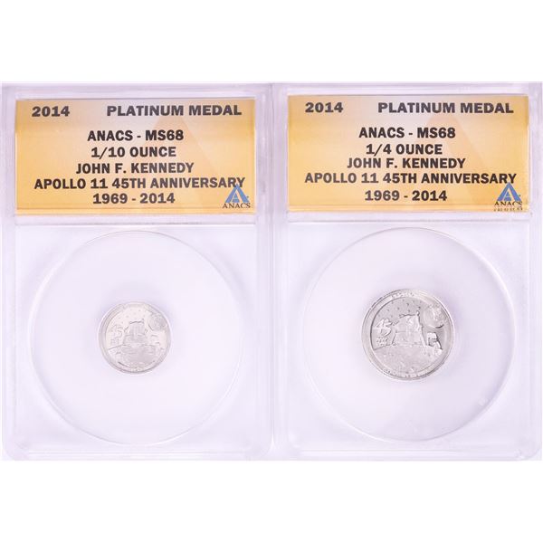 Set of 2014 Proof 1/10 & 1/4 oz Platinum JFK Apollo 11 Anniversary Medals ANACS MS68