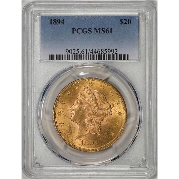 1894 $20 Liberty Head Double Eagle Gold Coin PCGS MS61