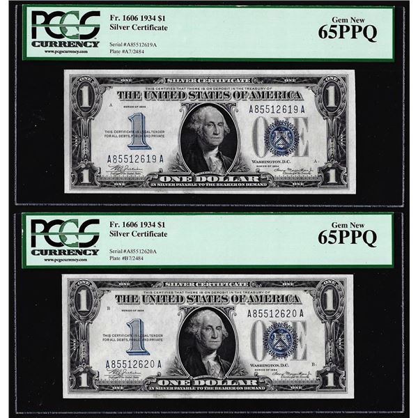 (2) Consecutive 1934 $1 Funnyback Silver Certificate Notes FR.1606 PCGS Gem New 65PPQ