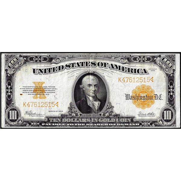 1922 $10 Gold Certificate Note