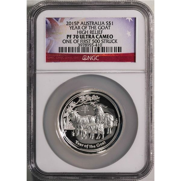 2015P $1 Proof Australia Year of the Goat High Relief Silver Coin NGC PF70 Ultra Cameo