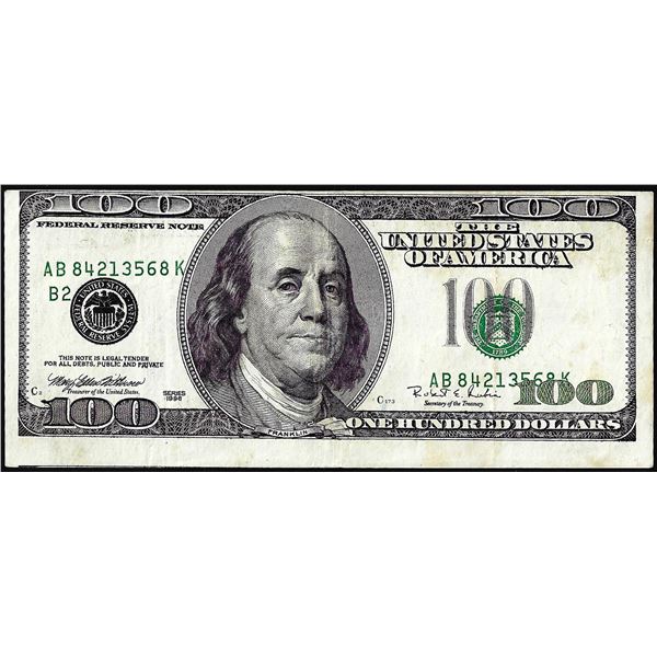 1996 $100 Federal Reserve Note Misaligned Overprint Error