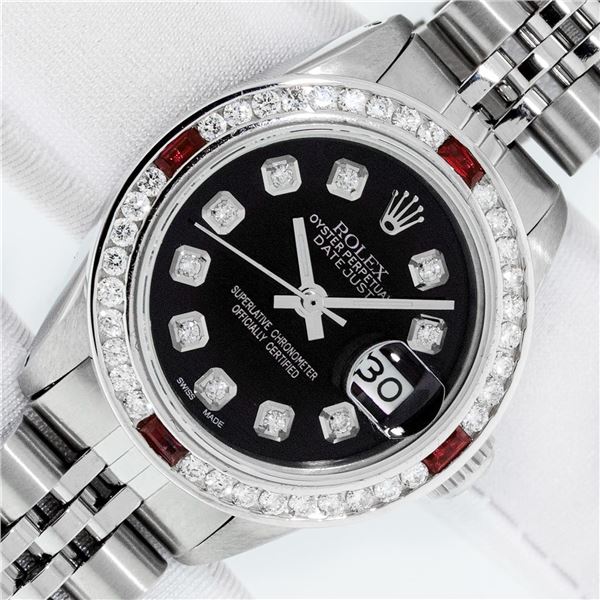 Rolex Ladies Stainless Steel Black Diamond & Ruby Datejust Wristwatch