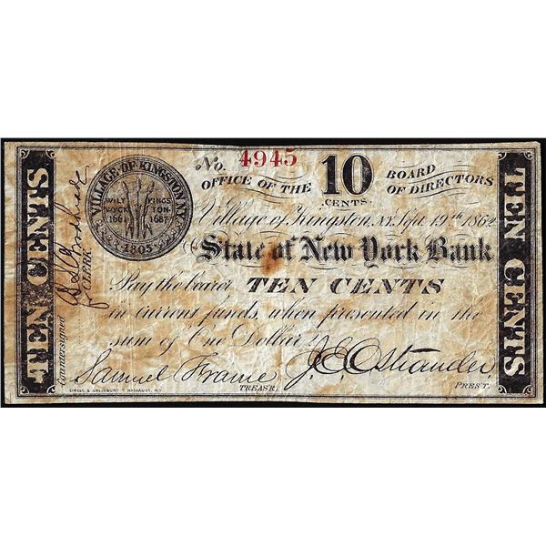 September 19, 1862 Ten Cents Village of Kingston State of New York Obsolete Note
