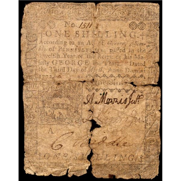 April. 3 1772 Pennsylvania 1 Shilling Colonial Currency Note