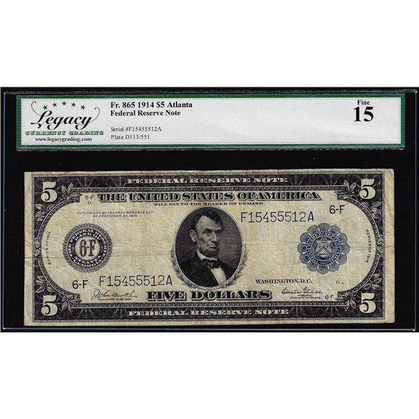 1914 $5 Federal Reserve Note Atlanta Fr.865 Legacy Fine 15