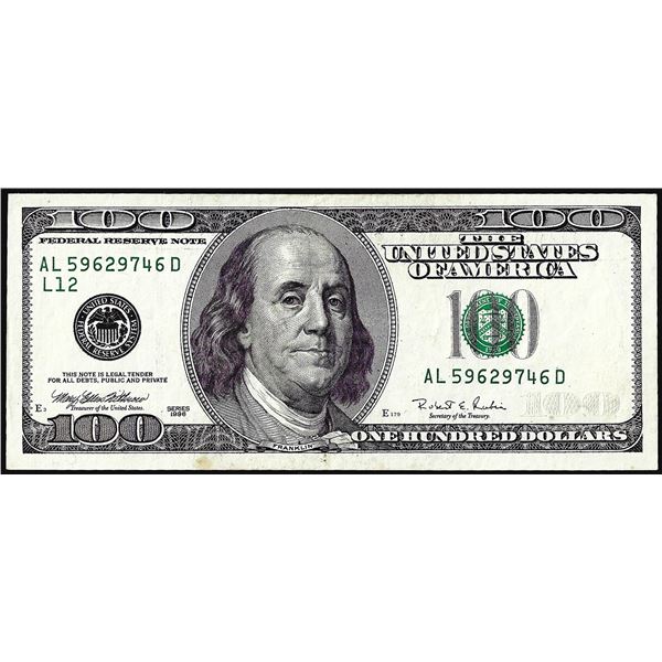 1996 $100 Federal Reserve Note Numeric Inking Error Missing Color Shifting Counter Ink