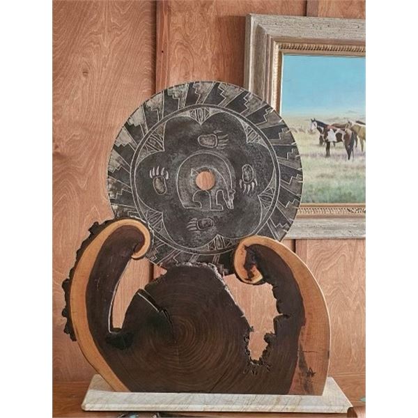 Original Hand Etched 18” Diamond Blade sitting on 30” wide x 24” Black Walnut Stand by Andy Sanchez