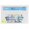 Image 1 : 1986 CANADIAN 5 DOLLAR BANK NOTE GRADED UNC-64