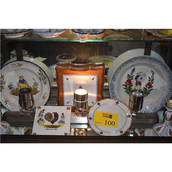 COLLECTION OF HENRIOT QUIMPER POTTERY PLATES, CANDLESTICKS & TRIVETS (7 PCS)  (DOES NOT INCLUDE STAN