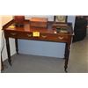 Image 1 : ANTIQUE MAHOGANY SIDE BOARD/DESK, 3/4" GALLERY W/2 DRAWERS, BRASS PULLS & WOOD CASTERS, ENGLISH LATE