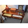 Image 2 : ANTIQUE MAHOGANY SIDE BOARD/DESK, 3/4" GALLERY W/2 DRAWERS, BRASS PULLS & WOOD CASTERS, ENGLISH LATE