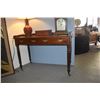 Image 3 : ANTIQUE MAHOGANY SIDE BOARD/DESK, 3/4" GALLERY W/2 DRAWERS, BRASS PULLS & WOOD CASTERS, ENGLISH LATE