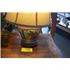 Image 1 : ANTIQUE GINGER JAR LAMP W/SILK SHADE, DOUBLE BULBS & CARVED IRONWOOD BASE