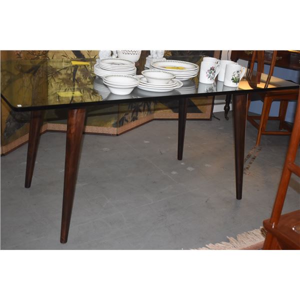 3/4" GLASS TOP TABLE W/WOOD BASE, GIO PONTI STYLE (35 1/3" X 63")