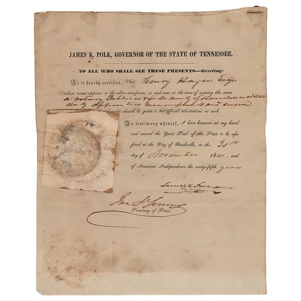 James K. Polk Document Signed as Tennessee Governor