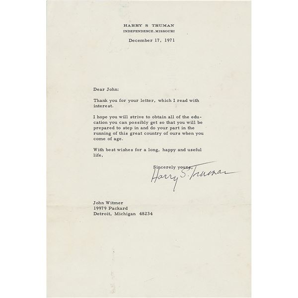 Harry S. Truman Typed Letter Signed