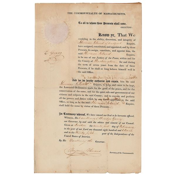 Elbridge Gerry Document Signed as Massachusetts Governor