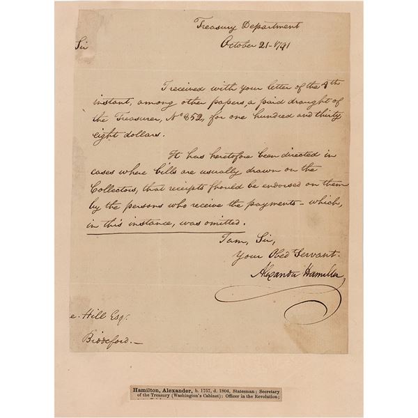 Alexander Hamilton Letter Signed as Treasury Secretary