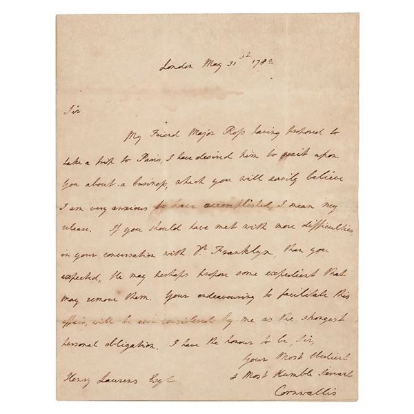 Charles Cornwallis ALS to Laurens on POW Exchange