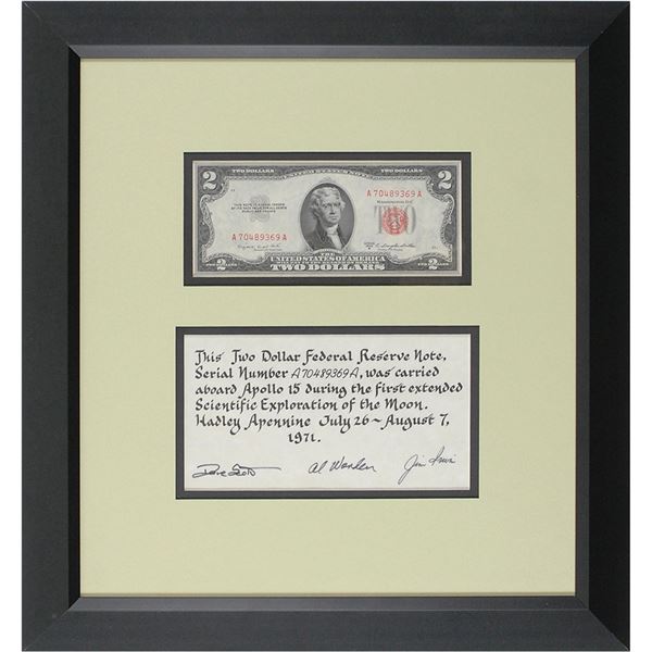 Apollo 15 Flown Two-Dollar Bill with Crew-Signed Statement