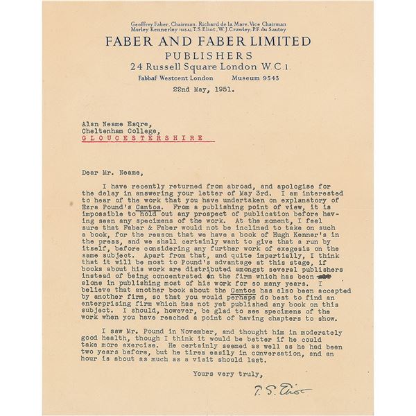 T. S. Eliot Typed Letter Signed on Ezra Pound